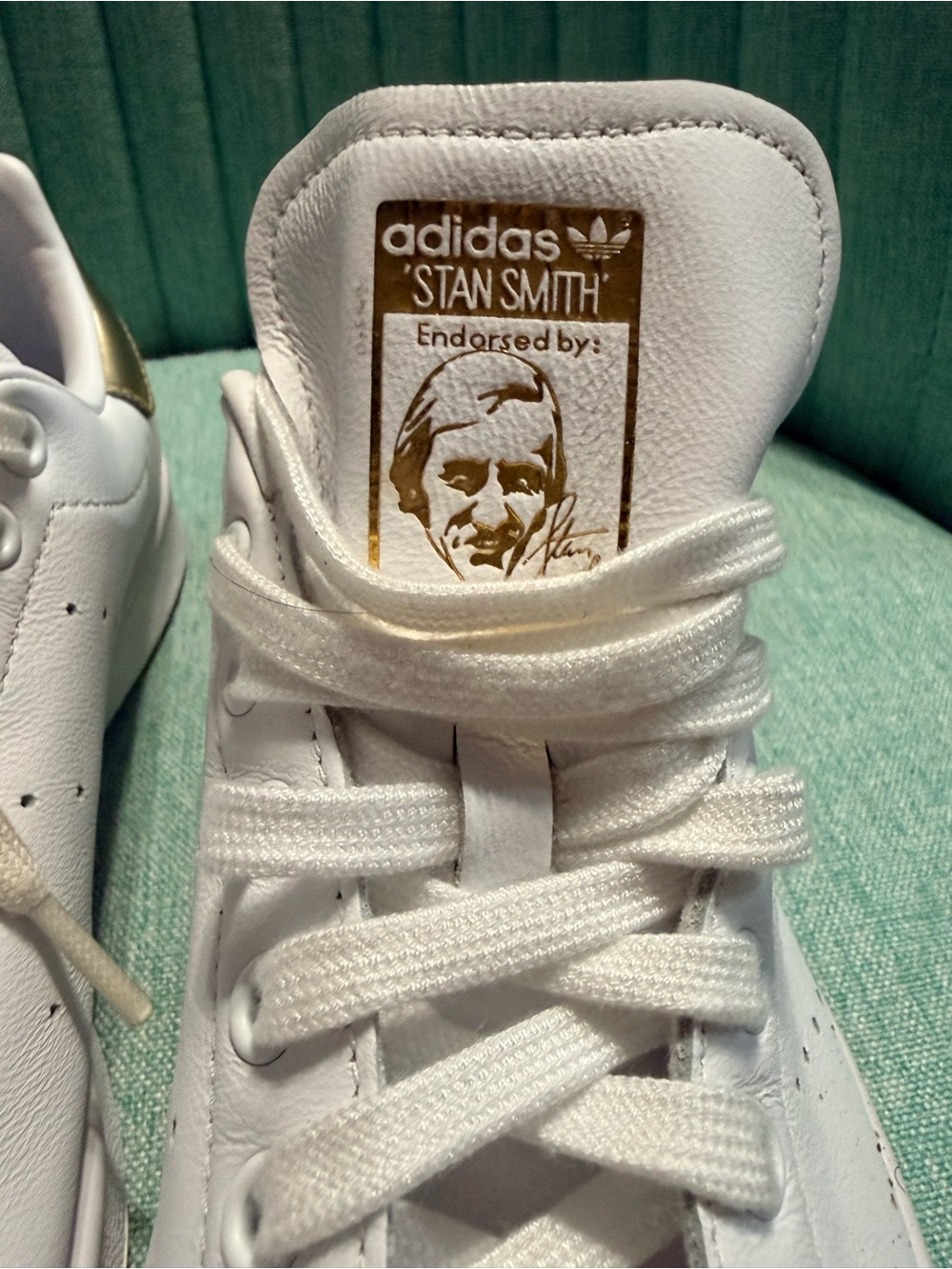 Adidas Women Stan Smith Leather Sneakers in White with Gold Heel